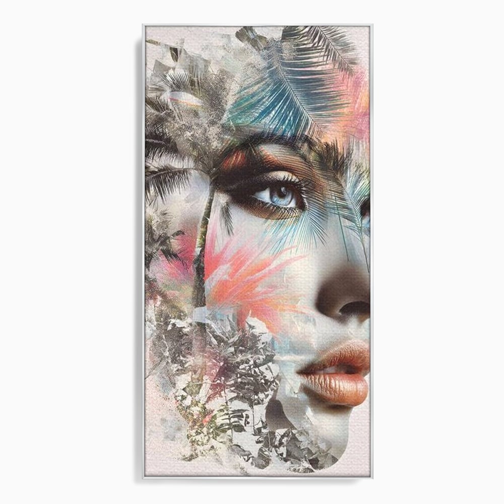 Tablou canvas cu tablou canvas cu portret feminin si palmieri, in rama de aluminiu argintiu